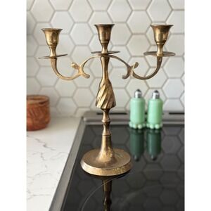 Vintage Solid Brass 3 Arm Cup Candelabra Twisted Stem Candle Holder
